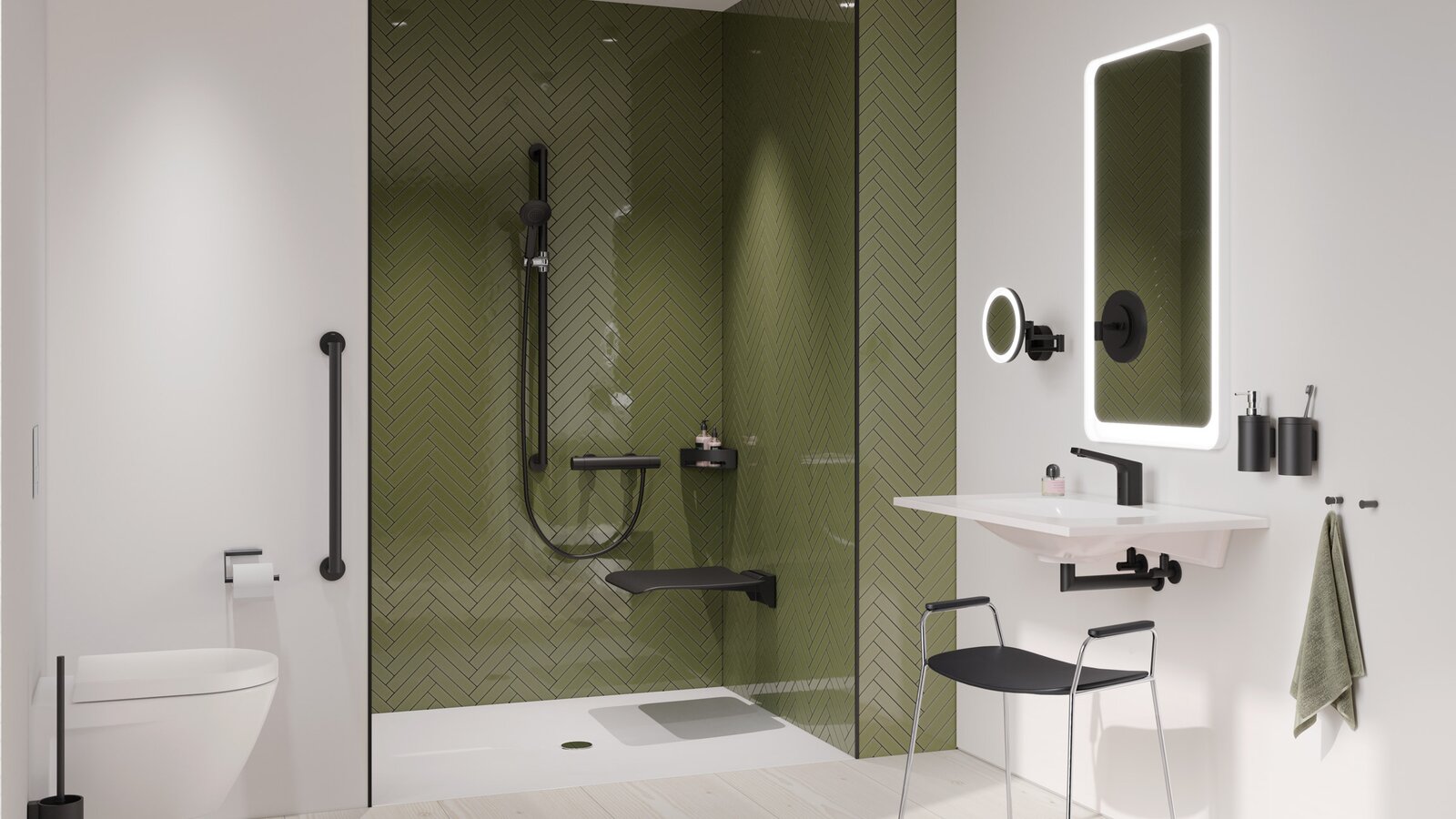 HEWI barrierefreies Bad Serie 900 Schwarz matt Barrierefreies Bad mit Waschplatz, Duschbereich und WC