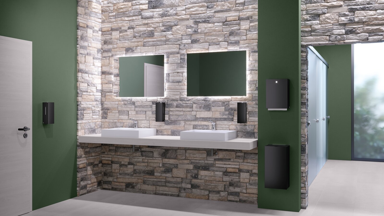 HEWI public WC black matt Public WC equipped with soap, disinfectant and paper towel dispensers in matt black